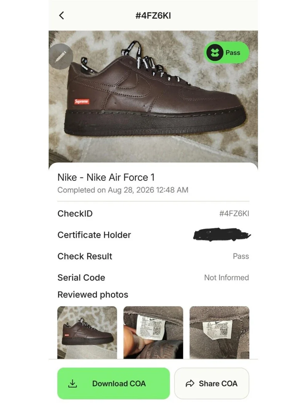 Nike Air Force 1 Low Supreme Brown Leather Sneakers CU9225-200 size 8.5m